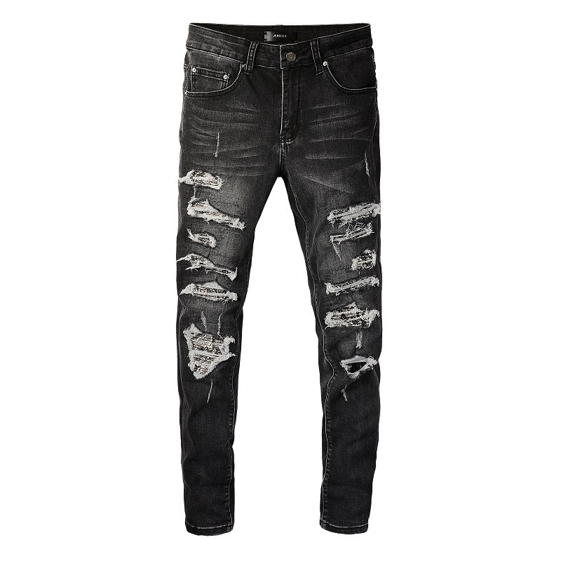 Dark Leather Patch Jeans